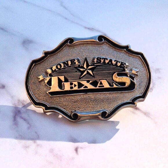 Lone Star State Texas TT&B Solid Brass Bold Silver Cowboy Belt Buckle 1991 - Picture 2 of 14